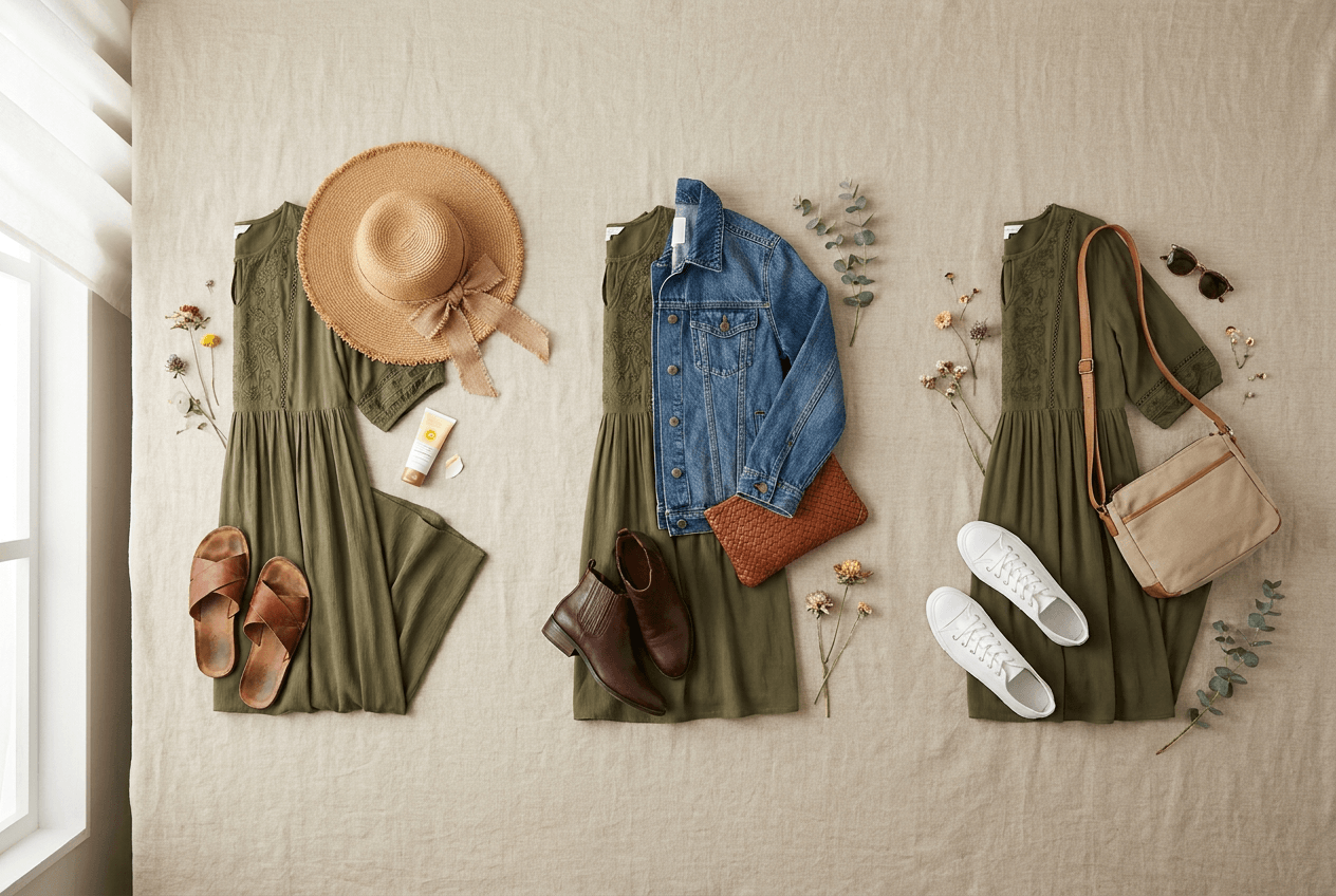 One olive boho dress styled three ways for summer outfit ideas