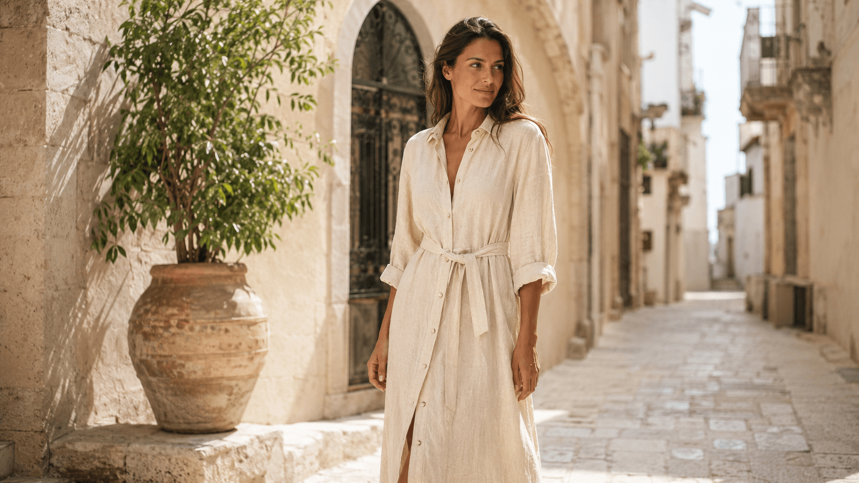 wholesale linen dress manufacturer 2026 lifestyle midi shirt dress ecru