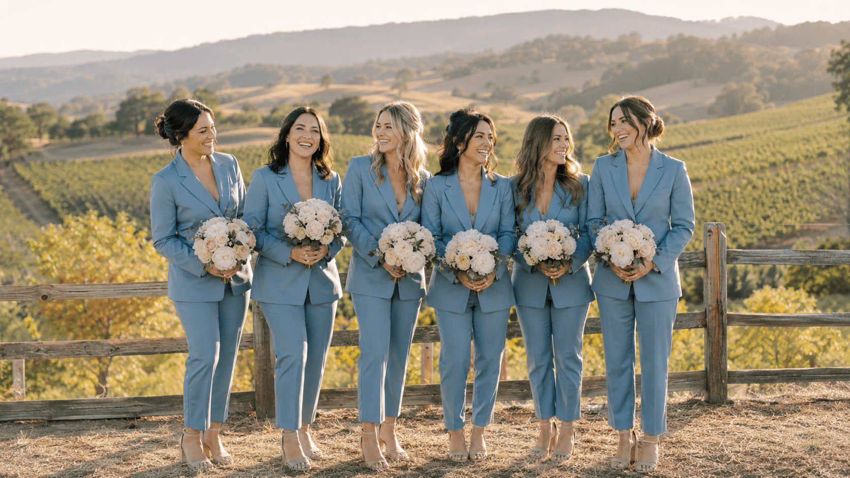 A&J custom bridesmaid blazer manufacturer Napa Valley vineyard 6 bridesmaids dusty blue matched set silk-wool 2026 Jenny Yoo adjacent
