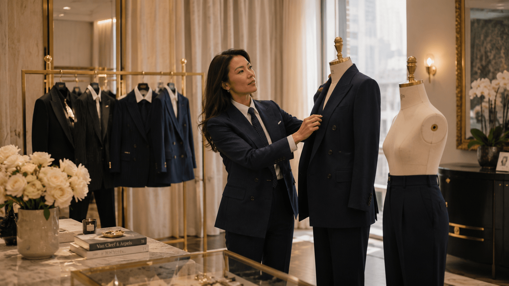 A&J womens suit jacket Bergdorf Goodman buyer showroom NYC luxury wholesale power suit inspection 2026