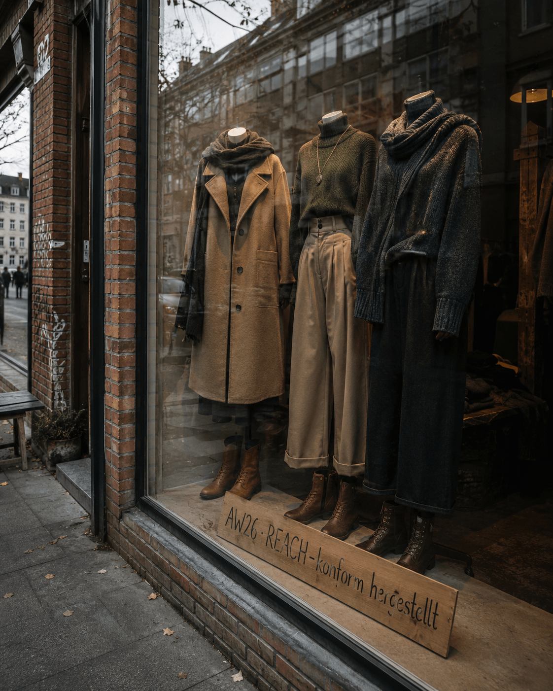 Germany wholesale womens clothing manufacturer AW26 knitwear and outerwear displayed at Hamburg Sternschanze independent boutique storefront window