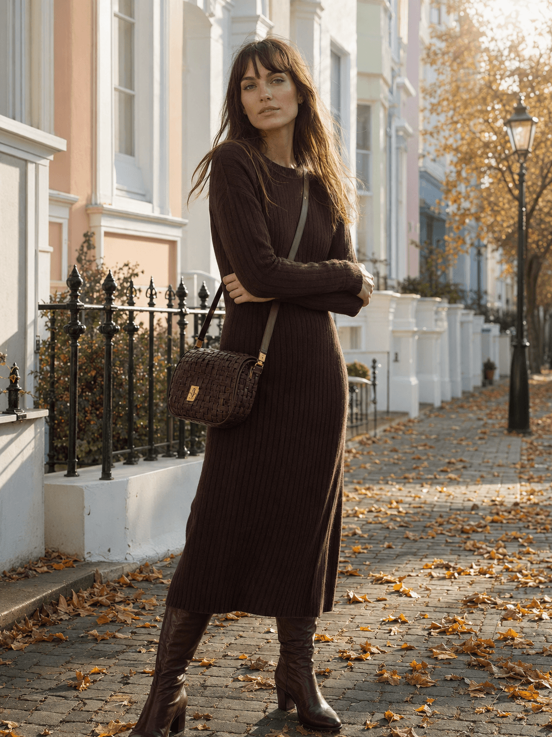 Wholesale sweater dress manufacturer merino wool ribbed midi worn by model on Notting Hill autumn street