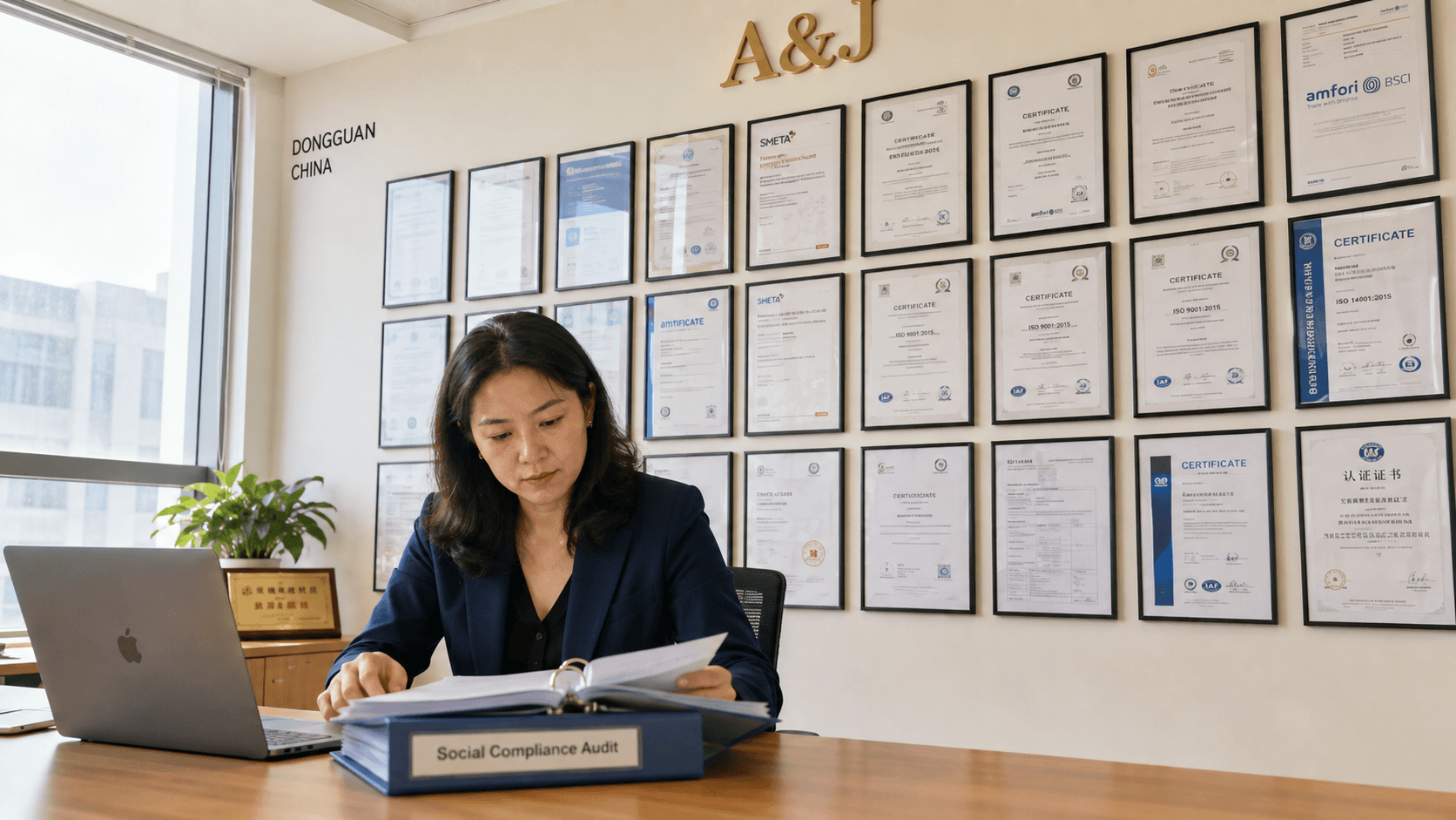 Certified womens clothing manufacturer audit room with certification documents on the wall in Dongguan