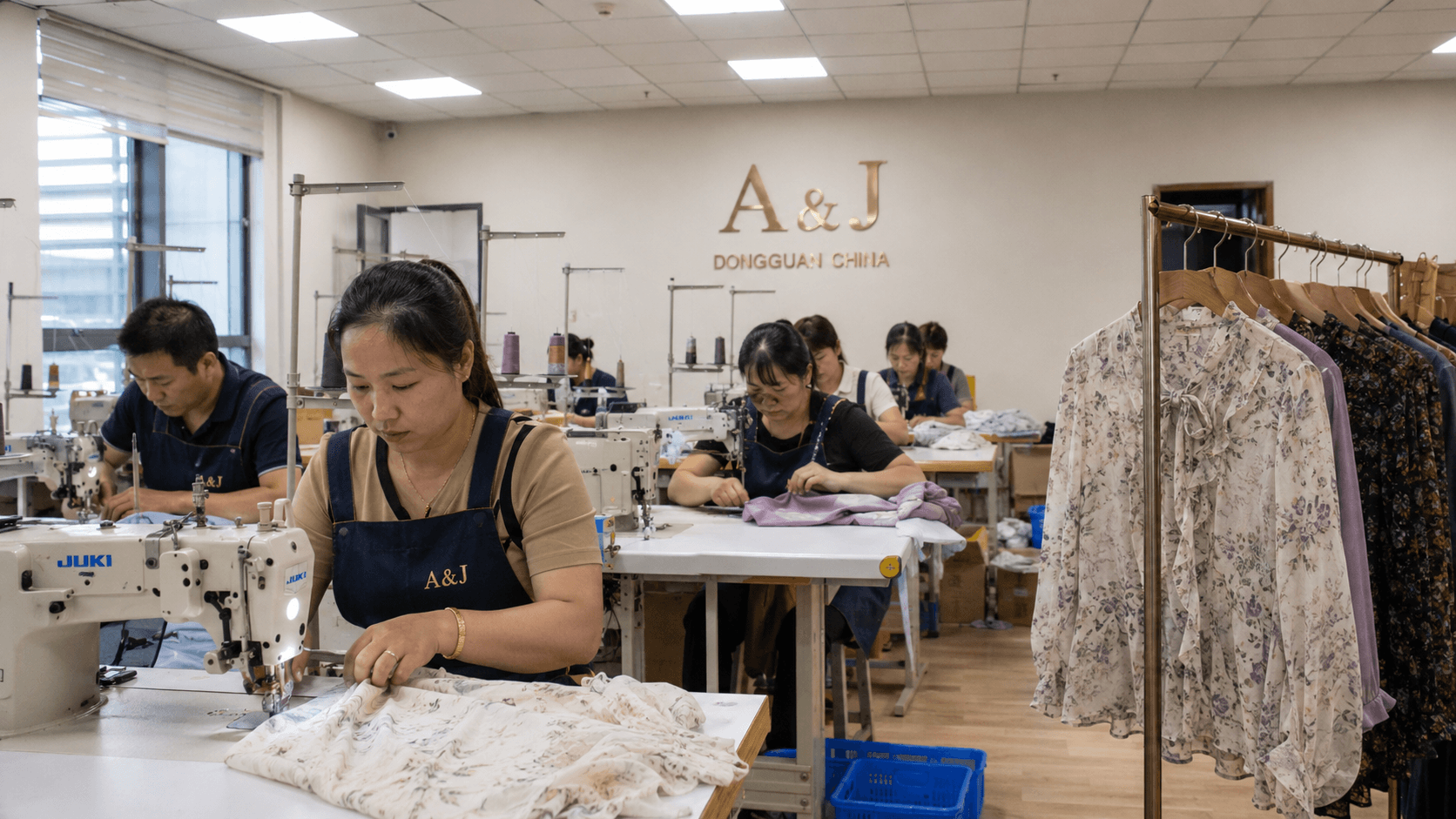 Small quantity womens clothing manufacturer running a 50-piece flexible production line in Dongguan China