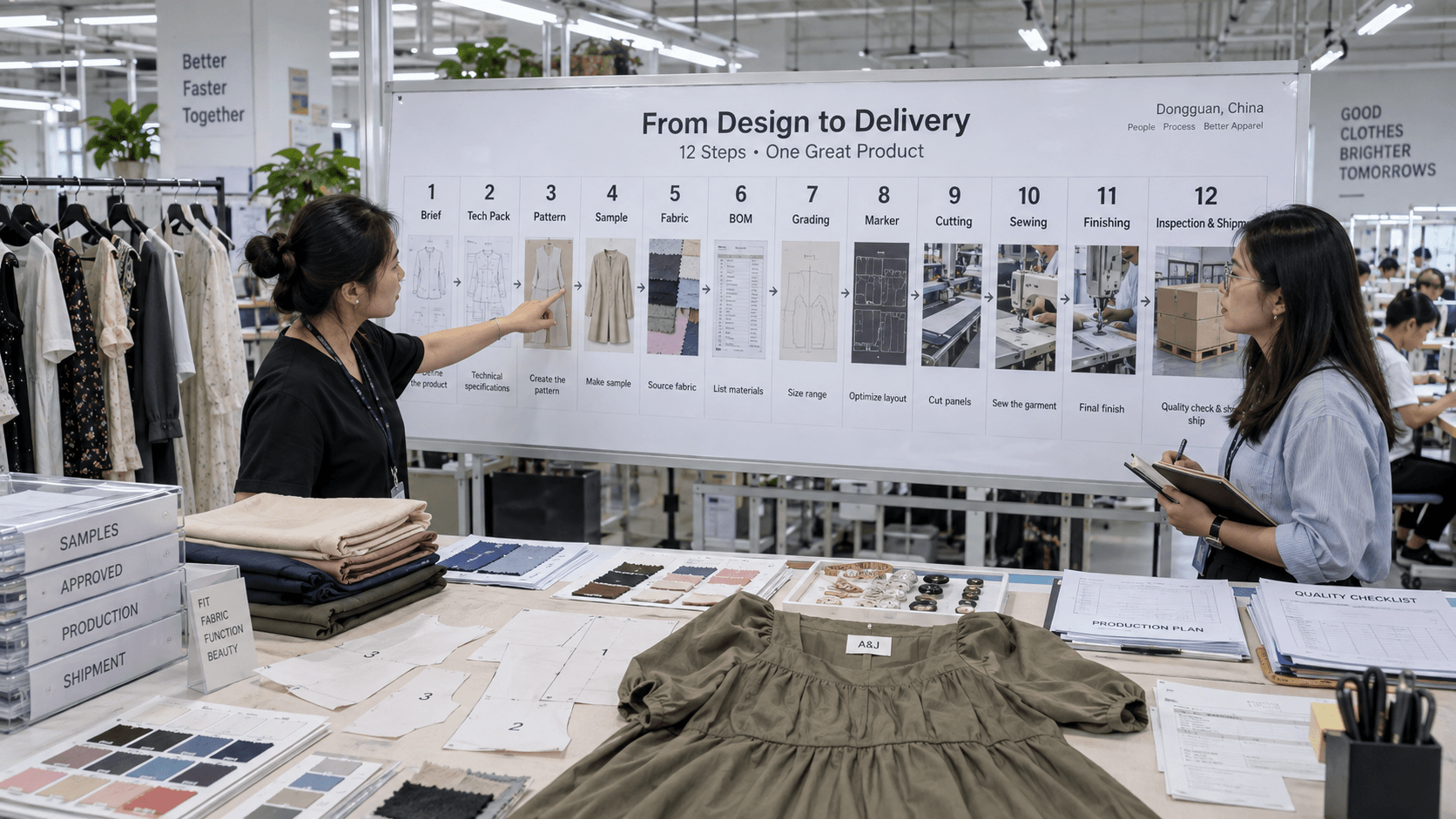 Clothing manufacturing process mapped from product brief through bulk shipment