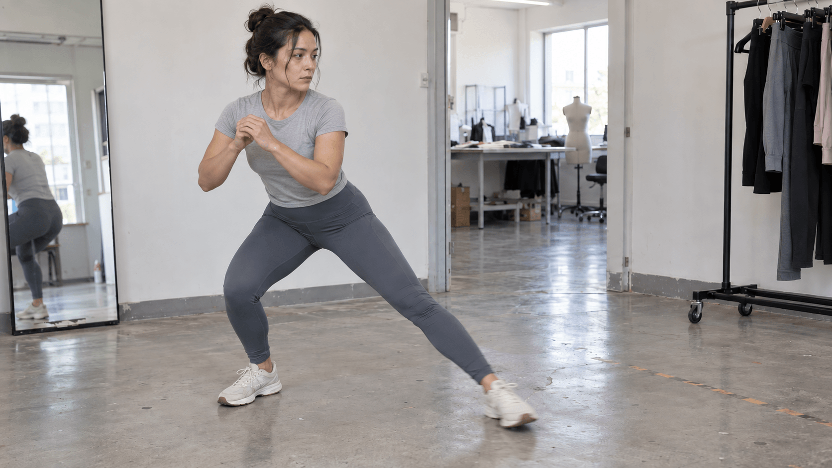Leggings manufacturer movement fitting with a model performing a natural squat and side step in production-intent leggings