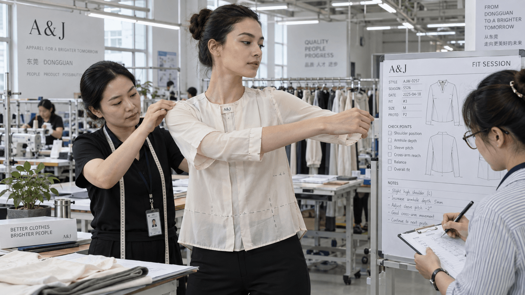Women tops manufacturer checking armhole sleeve and reach movement on a sample