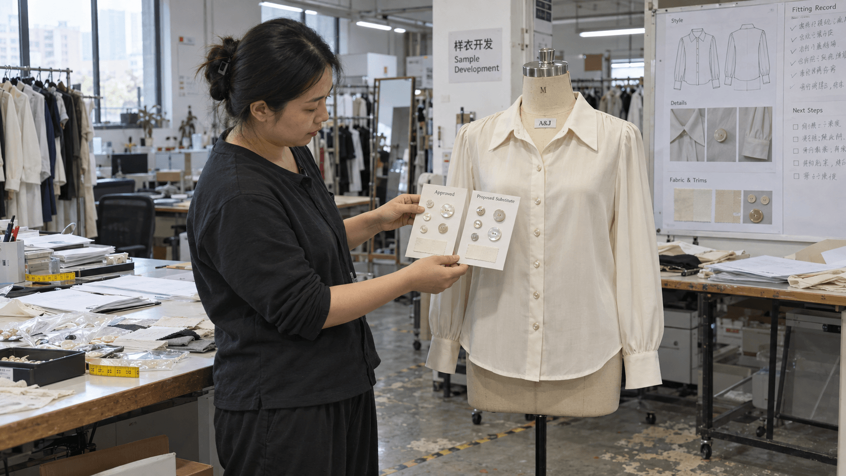 BOM in garment industry material review comparing an approved component with a proposed substitute