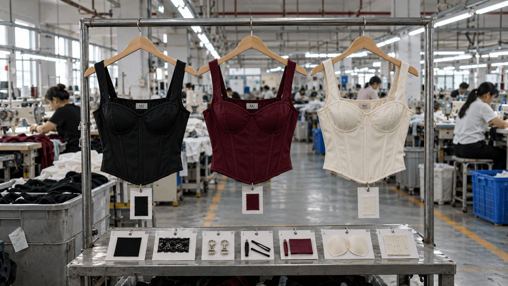 Corset manufacturer fashion sample rail with seven production controls in an A&J Dongguan factory