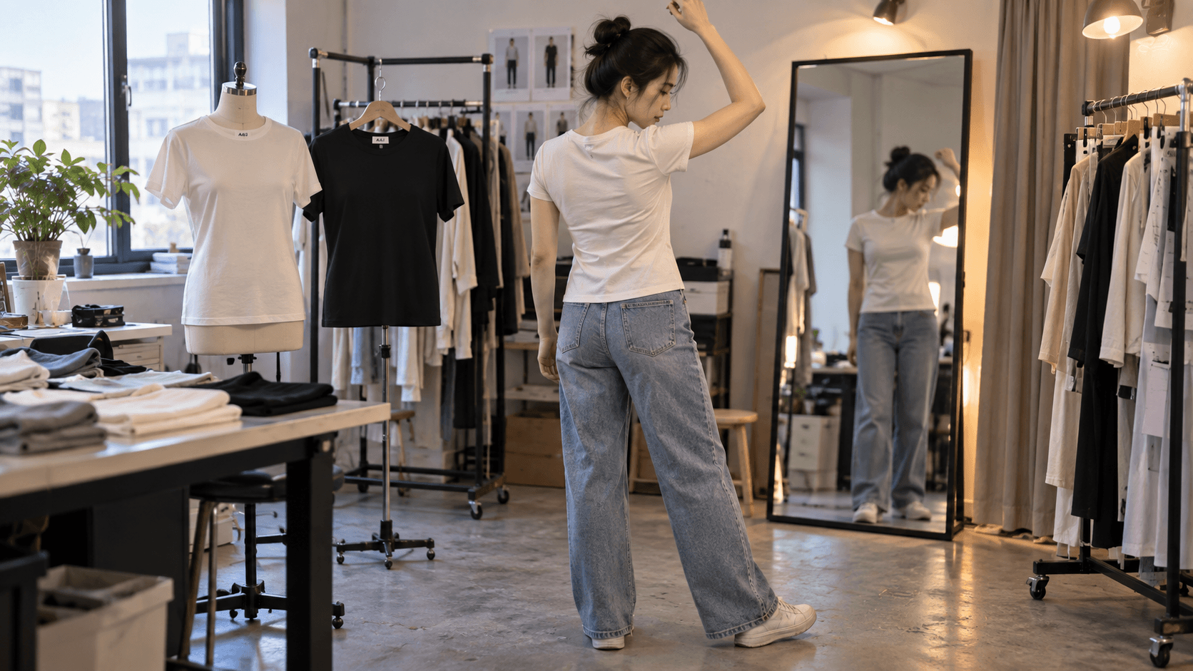 Cotton vs polyester fabric movement test with two matched womenswear samples on a model in a Dongguan fitting area