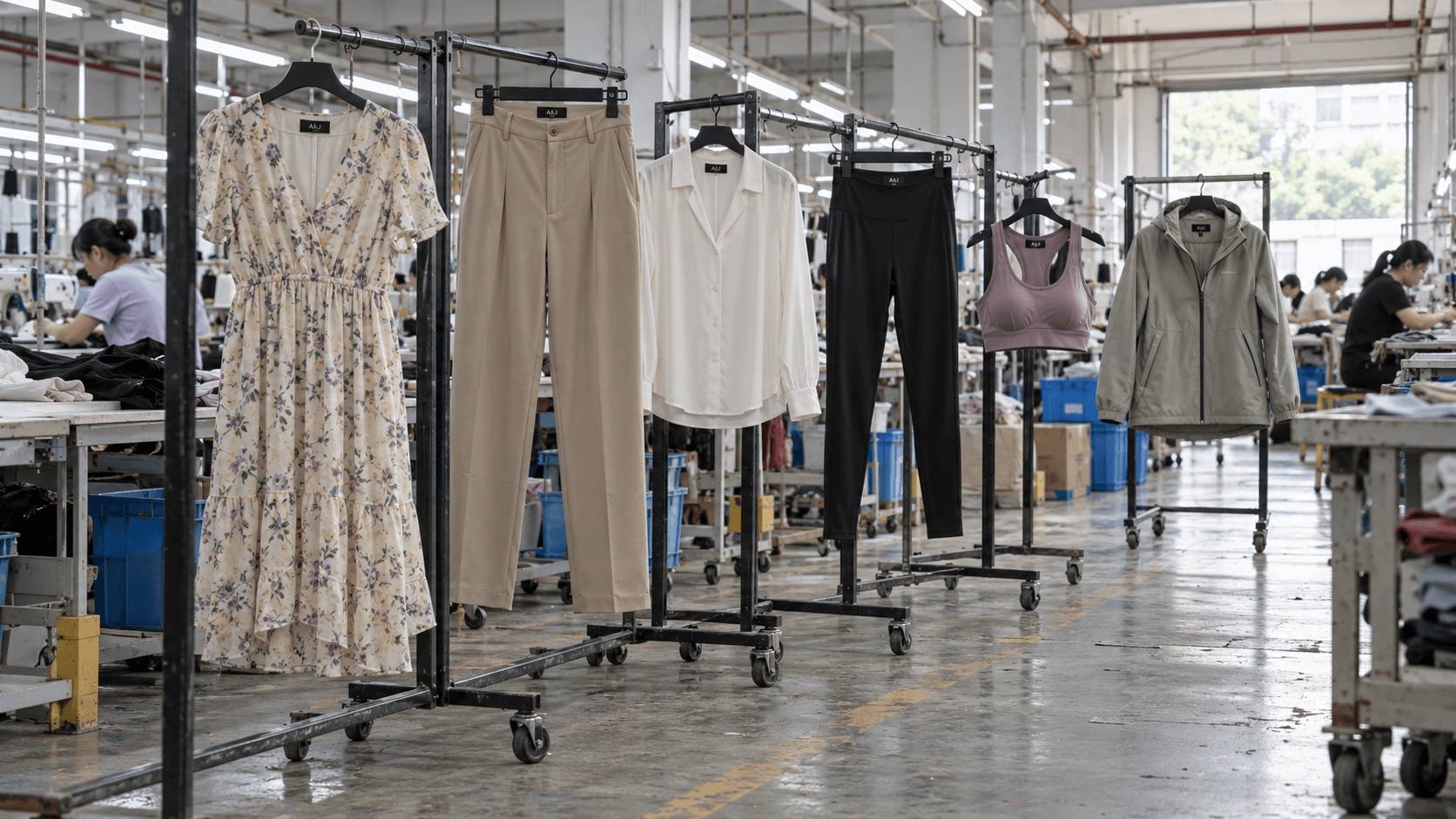 Garment quality control checklist hero showing six identified womenswear samples moving through a real Dongguan inspection lane