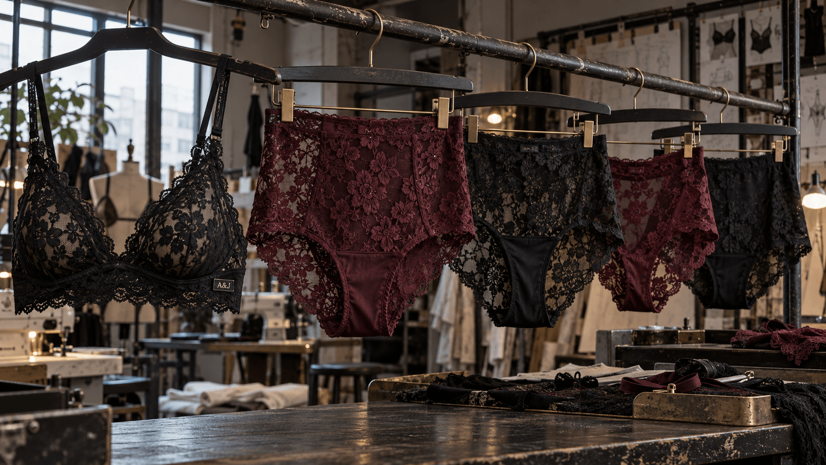 Lace underwear manufacturer collection in black and burgundy arranged as a refined factory release display