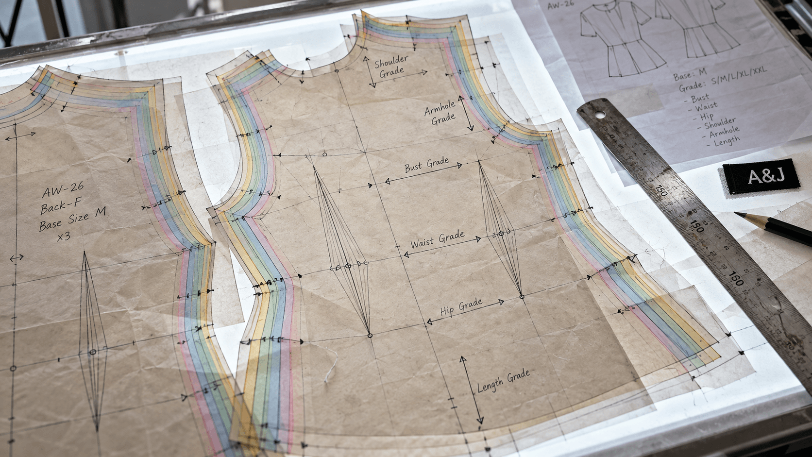 What is garment grading detail showing bust waist hip shoulder and length grade points marked on an A&J base pattern